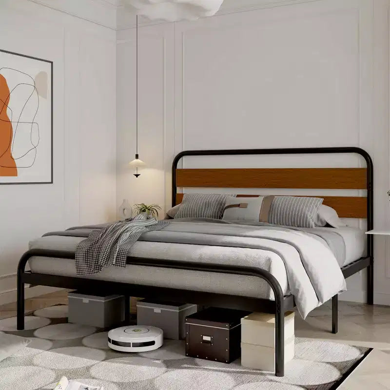 Cadre de lit plateforme King Size, cadre de lit King Size de style industriel avec tête de lit en bois, cadre de lit en métal robuste avec lattes de support en métal