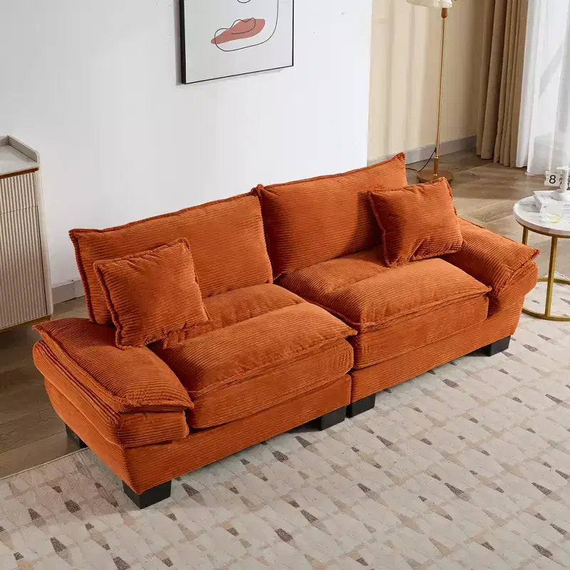 Canapé convertible 2 places en velours côtelé avec oreillers, rembourré, pour chambre, salon, bureau, orange