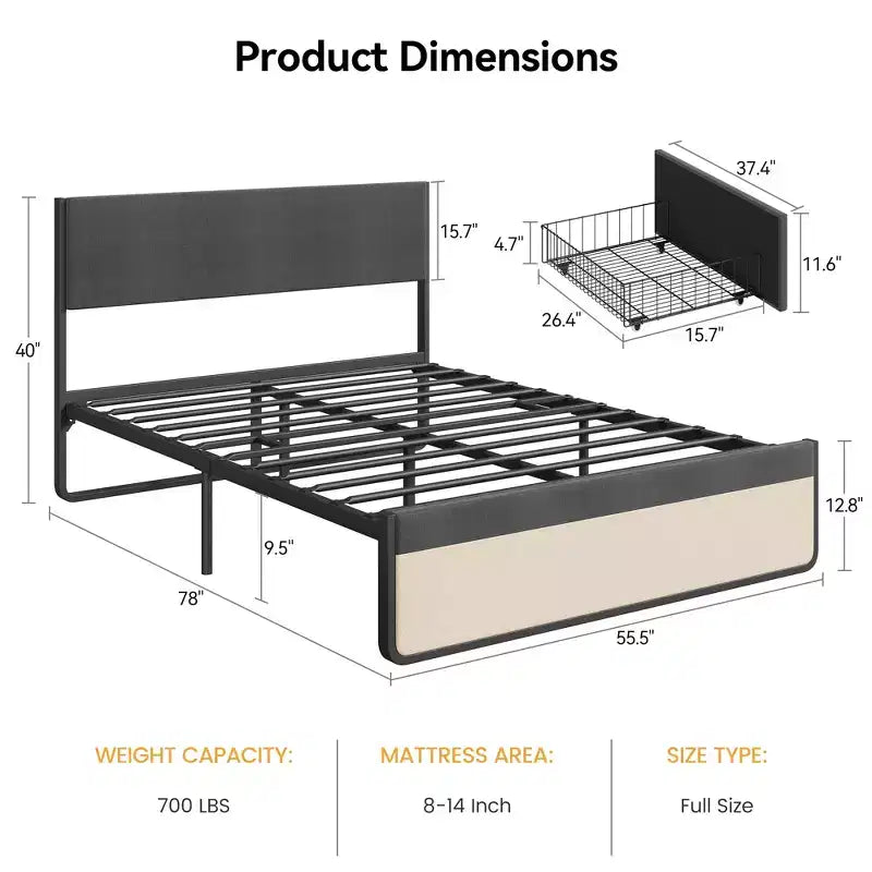 Lit rembourré avec tiroirs de rangement, lit plateforme avec tête de lit et espace de rangement sous le lit