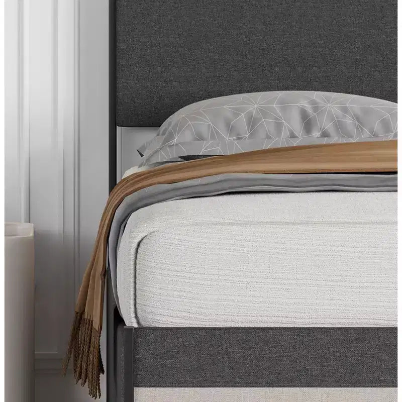 Lit rembourré avec tiroirs de rangement, lit plateforme avec tête de lit et espace de rangement sous le lit
