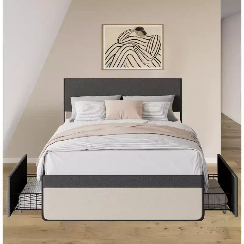 Lit rembourré avec tiroirs de rangement, lit plateforme avec tête de lit et espace de rangement sous le lit