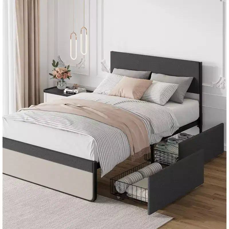 Lit rembourré avec tiroirs de rangement, lit plateforme avec tête de lit et espace de rangement sous le lit