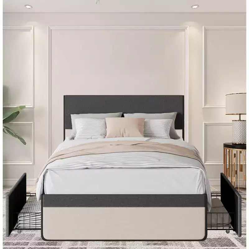 Lit rembourré avec tiroirs de rangement, lit plateforme avec tête de lit et espace de rangement sous le lit