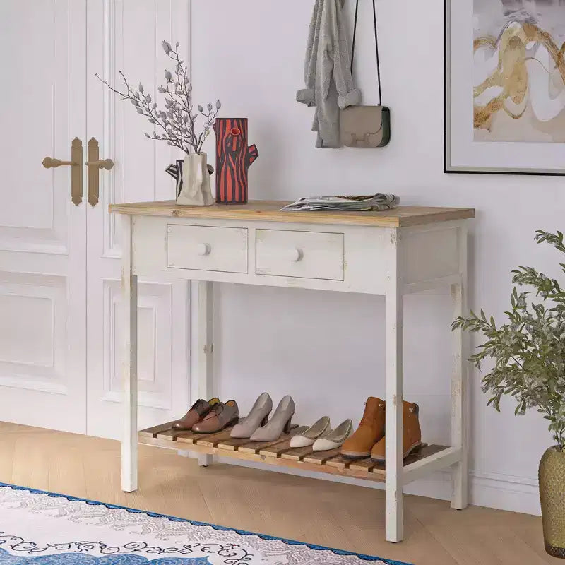Console en sapin rustique Schultz avec 2 tiroirs et 1 étagère inférieure ouverte