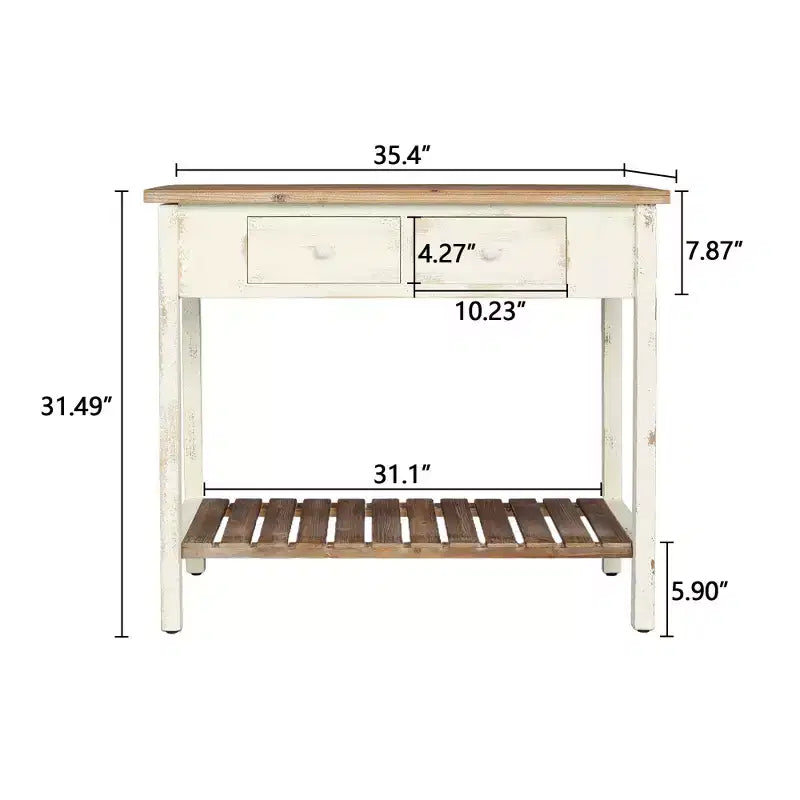 Console en sapin rustique Schultz avec 2 tiroirs et 1 étagère inférieure ouverte