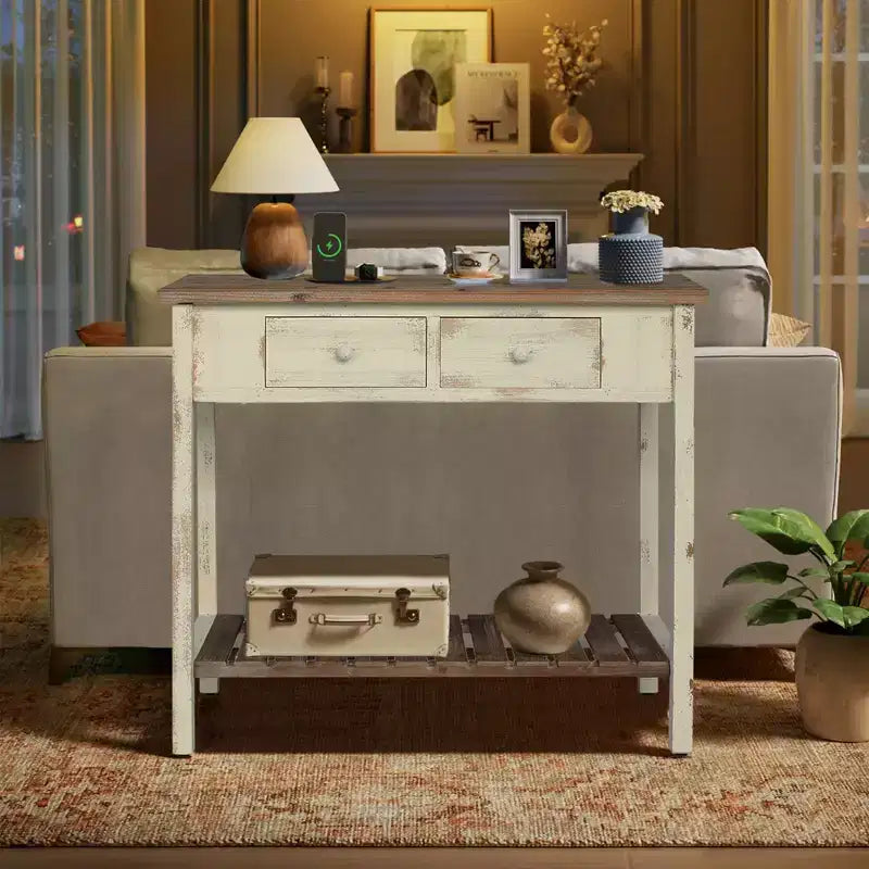 Console en sapin rustique Schultz avec 2 tiroirs et 1 étagère inférieure ouverte