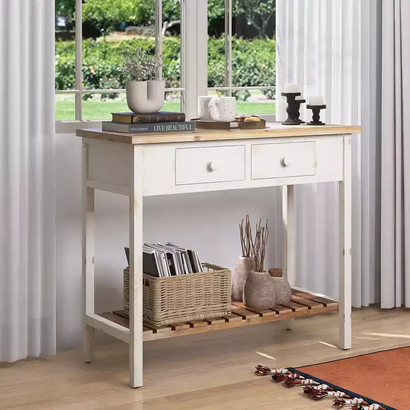 Console en sapin rustique Schultz avec 2 tiroirs et 1 étagère inférieure ouverte