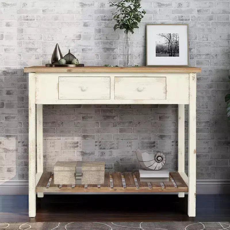 Console en sapin rustique Schultz avec 2 tiroirs et 1 étagère inférieure ouverte