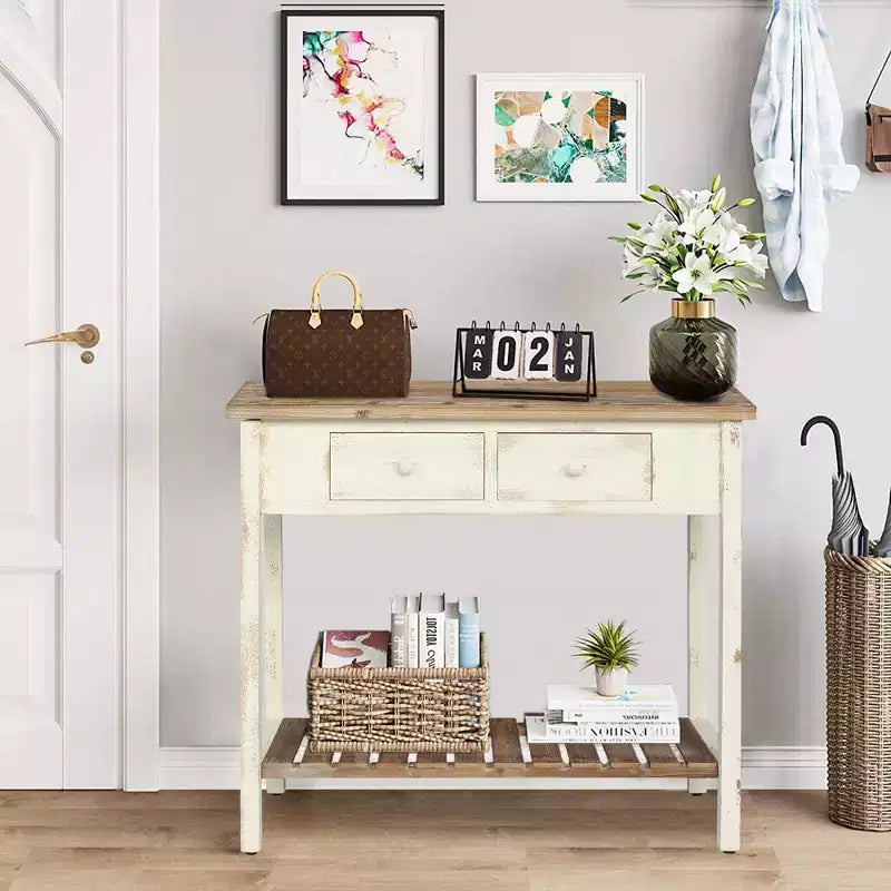 Console en sapin rustique Schultz avec 2 tiroirs et 1 étagère inférieure ouverte
