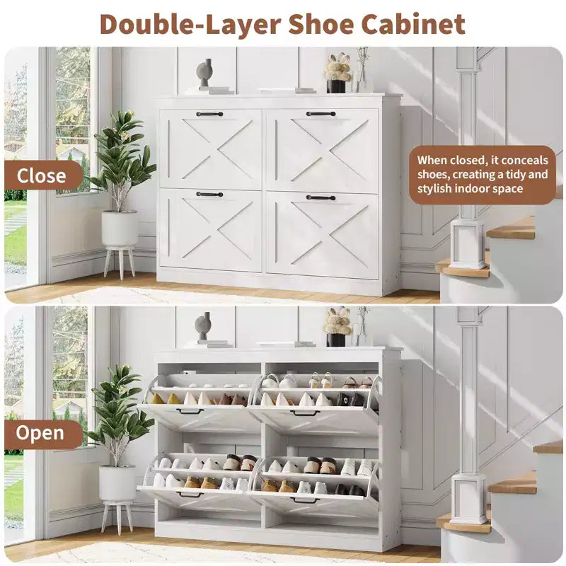 Meuble à chaussures avec 4 tiroirs basculants, armoire de rangement de chaussures large et discrète, simple et élégante, meuble à chaussures autoportant en bois.