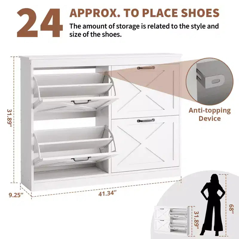 Meuble à chaussures avec 4 tiroirs basculants, armoire de rangement de chaussures large et discrète, simple et élégante, meuble à chaussures autoportant en bois.