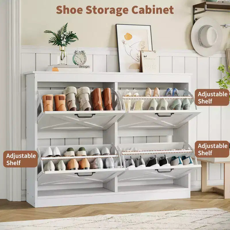 Meuble à chaussures avec 4 tiroirs basculants, armoire de rangement de chaussures large et discrète, simple et élégante, meuble à chaussures autoportant en bois.