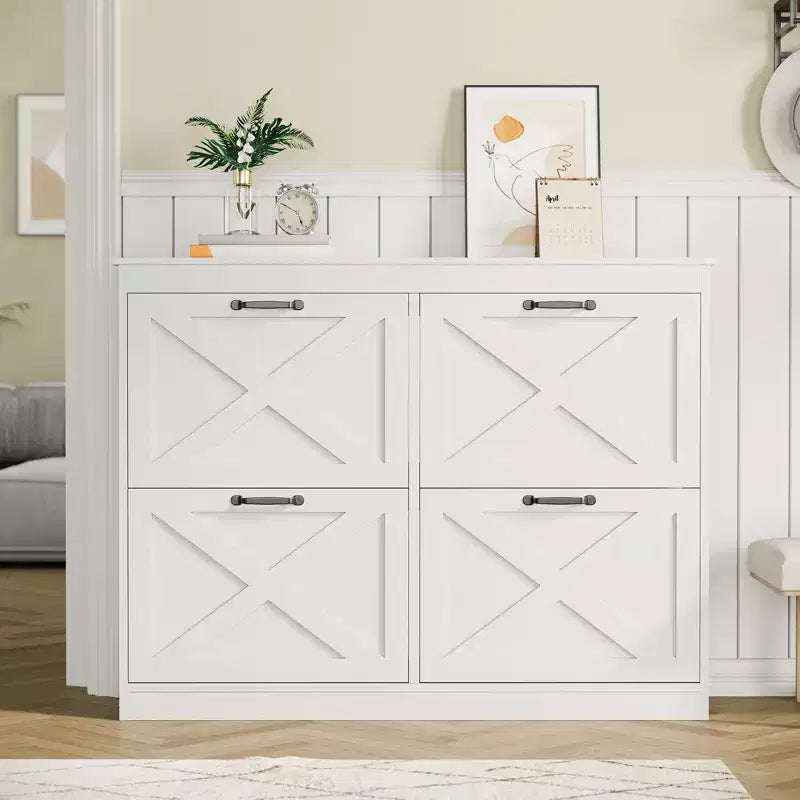 Meuble à chaussures avec 4 tiroirs basculants, armoire de rangement de chaussures large et discrète, simple et élégante, meuble à chaussures autoportant en bois.