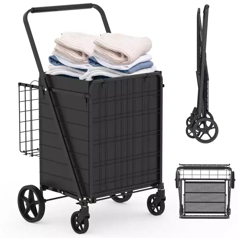 Chariot de courses pliable robuste avec poignée haute, double panier et doublure étanche