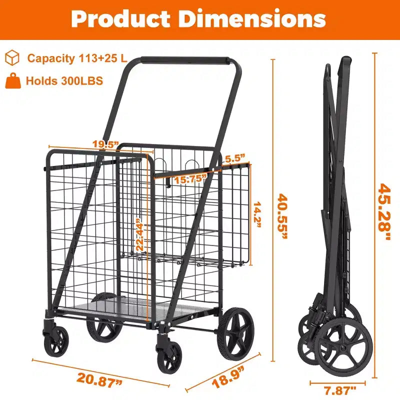 Chariot de courses pliable robuste avec poignée haute, double panier et doublure étanche
