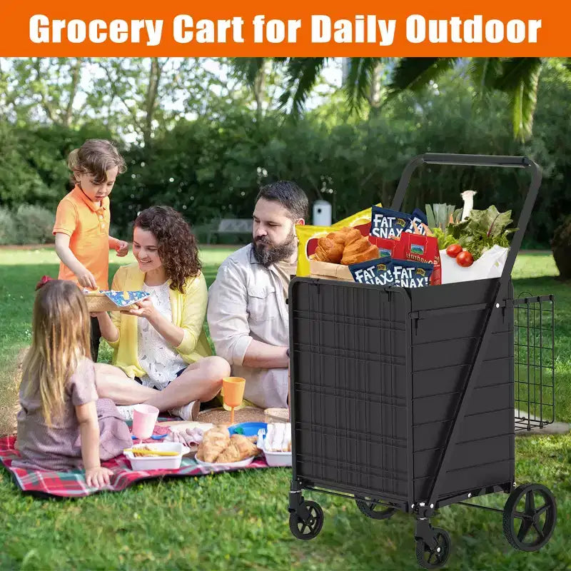 Chariot de courses pliable robuste avec poignée haute, double panier et doublure étanche