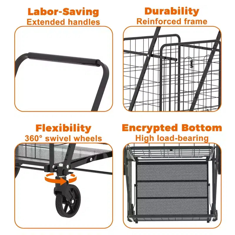 Chariot de courses pliable robuste avec poignée haute, double panier et doublure étanche