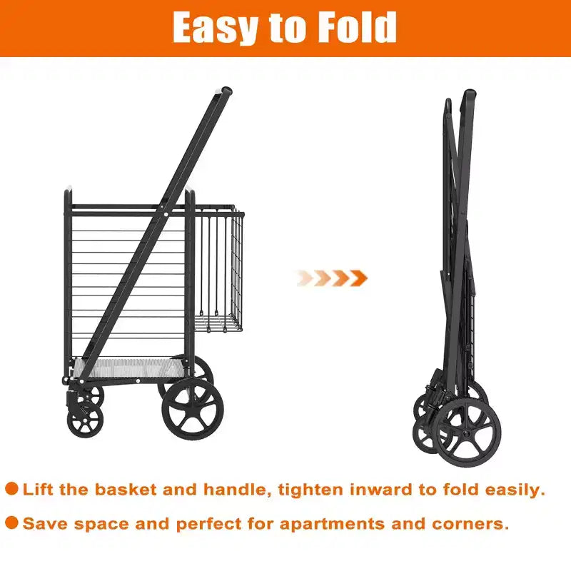 Chariot de courses pliable robuste avec poignée haute, double panier et doublure étanche