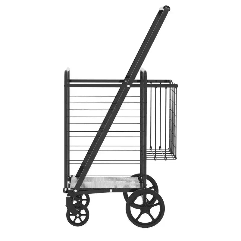 Chariot de courses pliable robuste avec poignée haute, double panier et doublure étanche