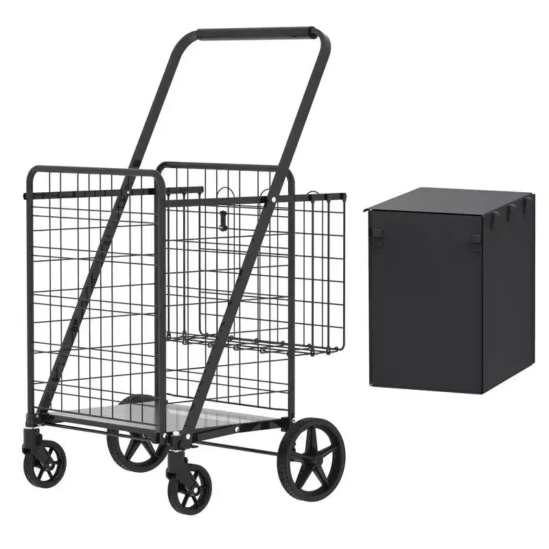 Chariot de courses pliable robuste avec poignée haute, double panier et doublure étanche