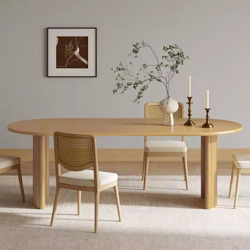 Table à manger ovale 79 po pour 6-8 personnes avec plateau à bord arqué et base à rayures, table de cuisine de ferme moderne pour salon et salle à manger, naturel