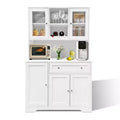 Storage cabinet with wine rack, drawers, door shelves, and modern glass display case; dining room sideboard with microwave shelf.
