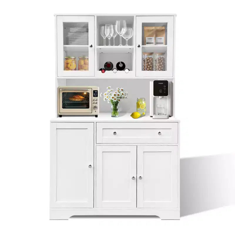 Storage cabinet with wine rack, drawers, door shelves, and modern glass display case; dining room sideboard with microwave shelf.