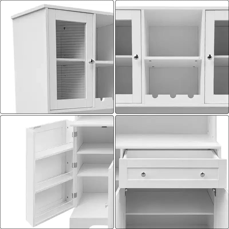 Meuble de rangement avec porte-bouteilles, tiroirs, étagères de porte et vitrine moderne en verre ; buffet de salle à manger avec étagère pour micro-ondes.