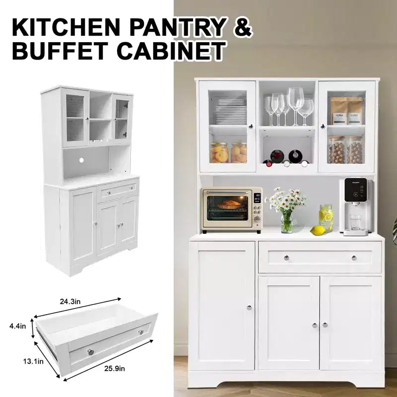 Meuble de rangement avec porte-bouteilles, tiroirs, étagères de porte et vitrine moderne en verre ; buffet de salle à manger avec étagère pour micro-ondes.
