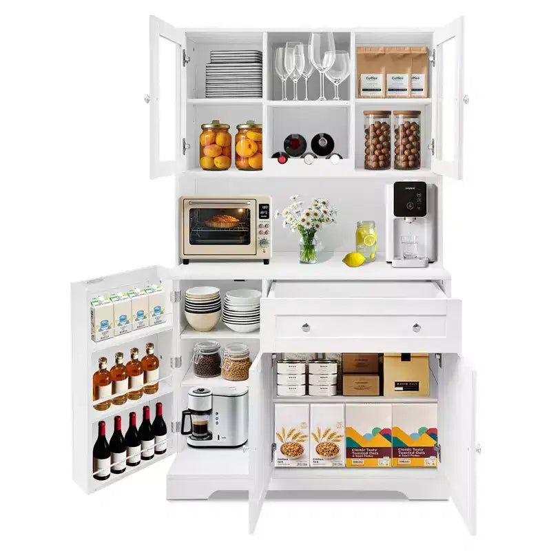 Meuble de rangement avec porte-bouteilles, tiroirs, étagères de porte et vitrine moderne en verre ; buffet de salle à manger avec étagère pour micro-ondes.