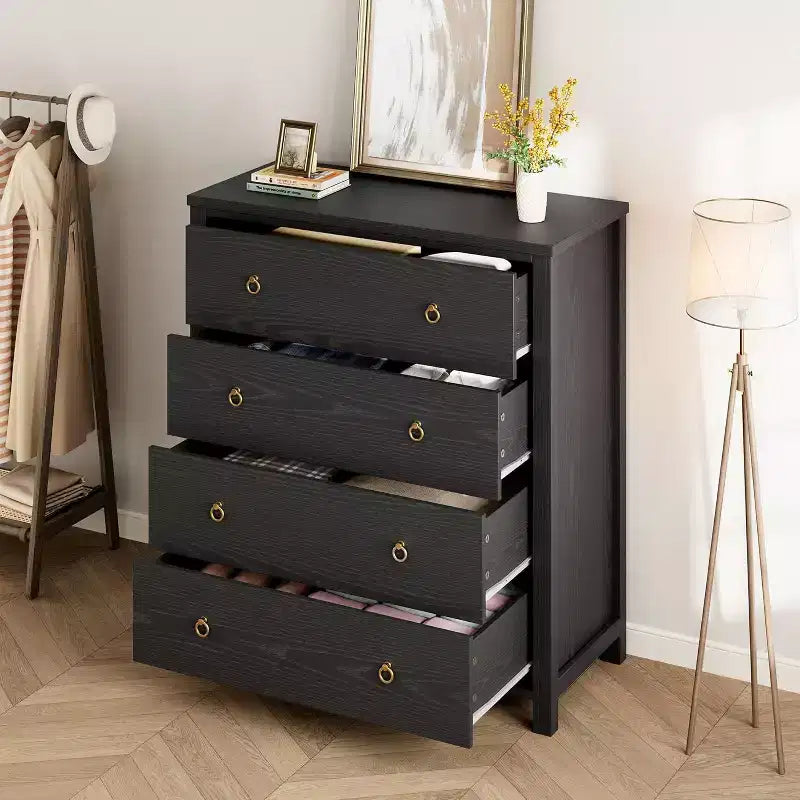 Commode 4 tiroirs style Ferme 37, armoire de rangement haute en bois pour chambre de bébé et chambre à coucher, meuble TV polyvalent pour salon ou entrée