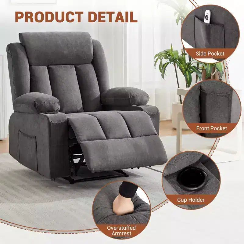 Fauteuil inclinable manuel classique surdimensionné avec massage par vibrations, chauffage, canapé profond rembourré confortable avec poches latérales, poches avant, porte-gobelet