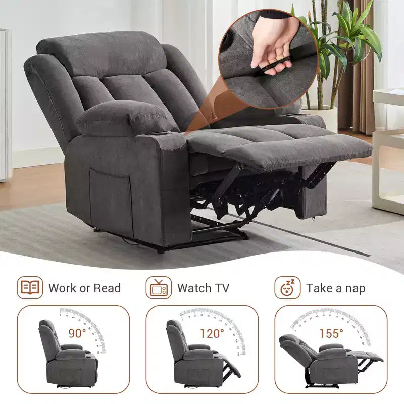 Fauteuil inclinable manuel classique surdimensionné avec massage par vibrations, chauffage, canapé profond rembourré confortable avec poches latérales, poches avant, porte-gobelet
