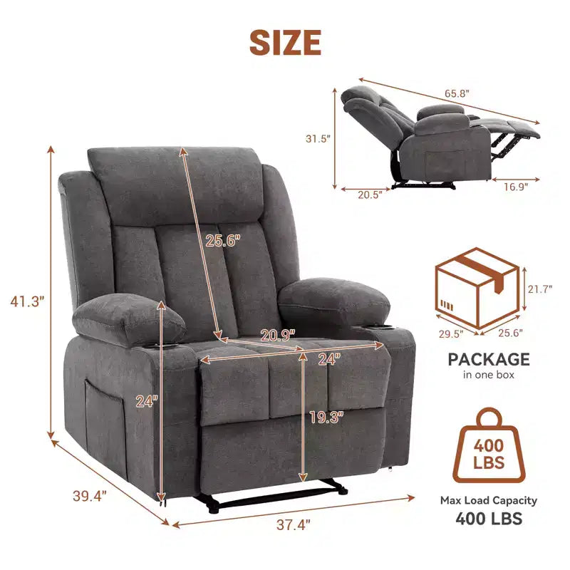 Fauteuil inclinable manuel classique surdimensionné avec massage par vibrations, chauffage, canapé profond rembourré confortable avec poches latérales, poches avant, porte-gobelet