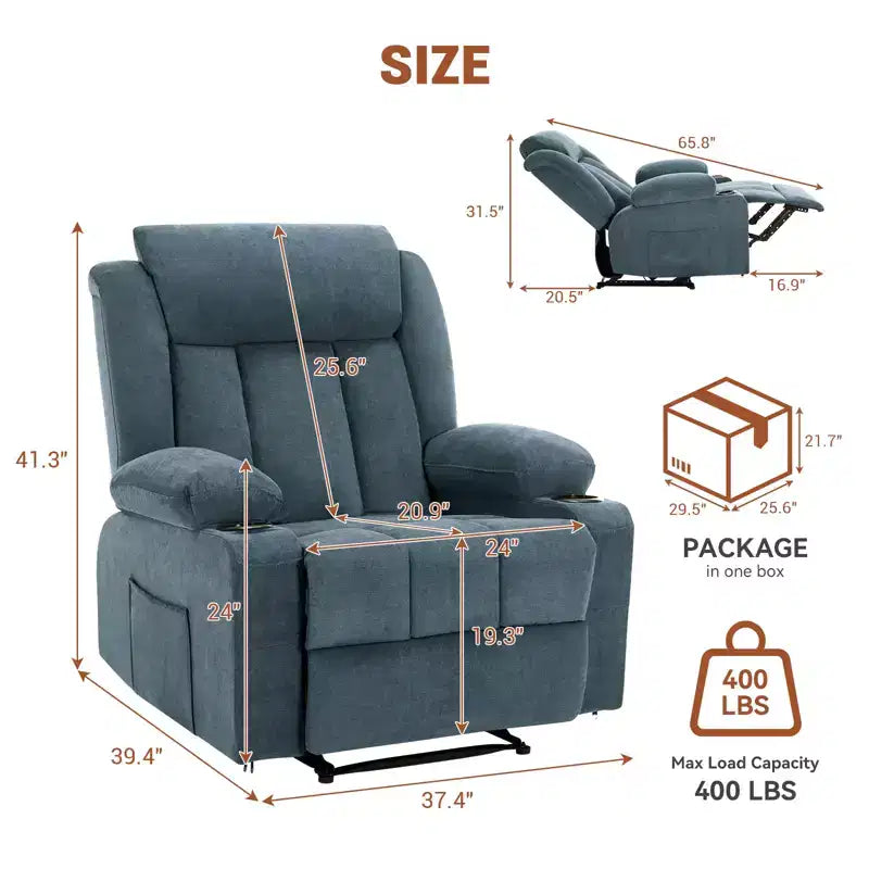 Fauteuil inclinable manuel classique surdimensionné avec massage par vibrations, chauffage, canapé profond rembourré confortable avec poches latérales, poches avant, porte-gobelet