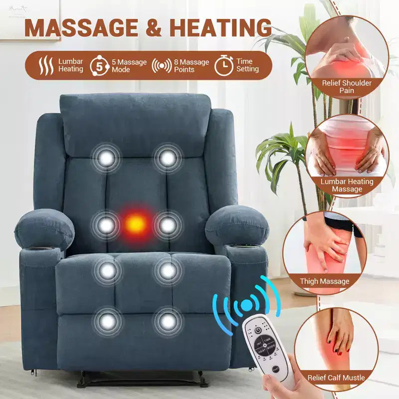 Fauteuil inclinable manuel classique surdimensionné avec massage par vibrations, chauffage, canapé profond rembourré confortable avec poches latérales, poches avant, porte-gobelet
