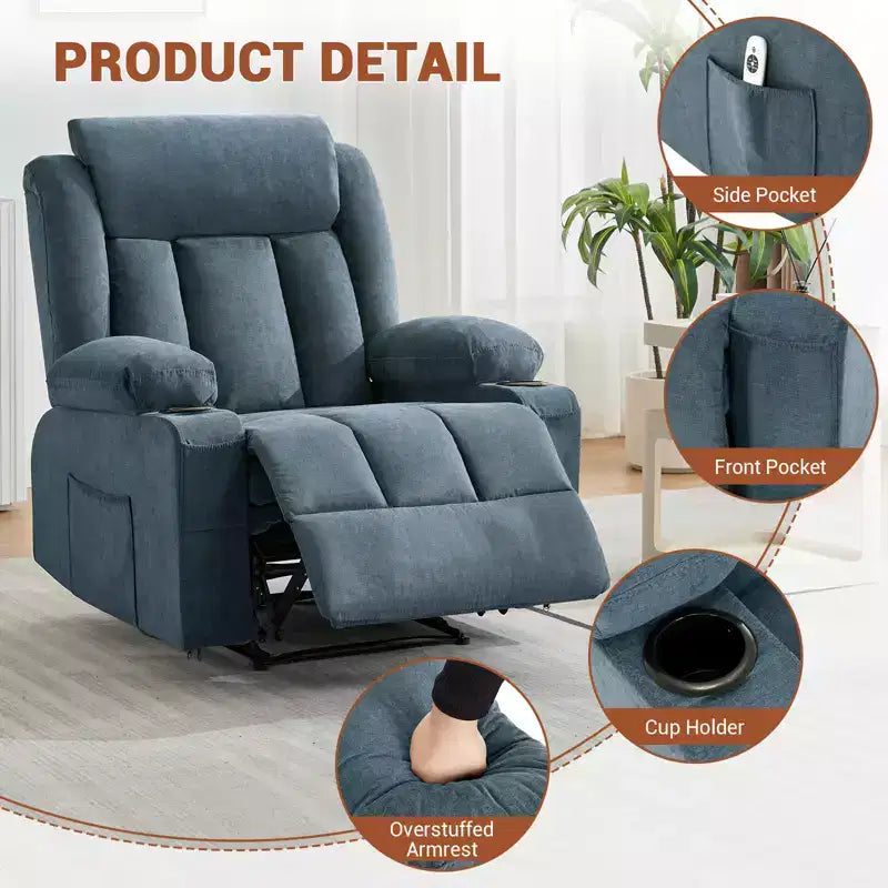 Fauteuil inclinable manuel classique surdimensionné avec massage par vibrations, chauffage, canapé profond rembourré confortable avec poches latérales, poches avant, porte-gobelet