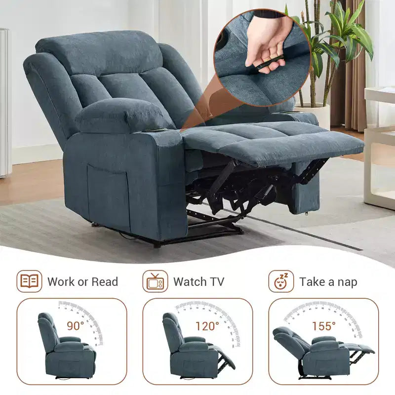 Fauteuil inclinable manuel classique surdimensionné avec massage par vibrations, chauffage, canapé profond rembourré confortable avec poches latérales, poches avant, porte-gobelet