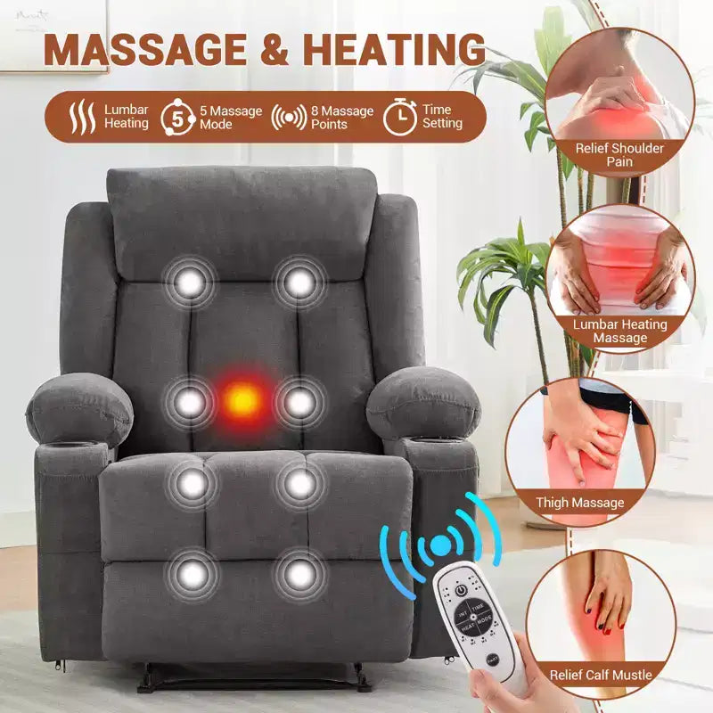 Fauteuil inclinable manuel classique surdimensionné avec massage par vibrations, chauffage, canapé profond rembourré confortable avec poches latérales, poches avant, porte-gobelet