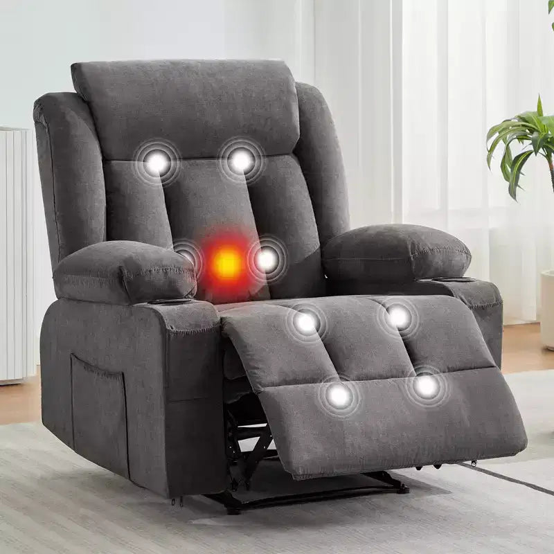 Fauteuil inclinable manuel classique surdimensionné avec massage par vibrations, chauffage, canapé profond rembourré confortable avec poches latérales, poches avant, porte-gobelet