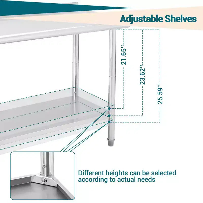 Table en acier inoxydable, table de préparation commerciale en métal robuste avec étagères ouvertes pour cuisines de restaurant, maison, hôtels, préparation des aliments