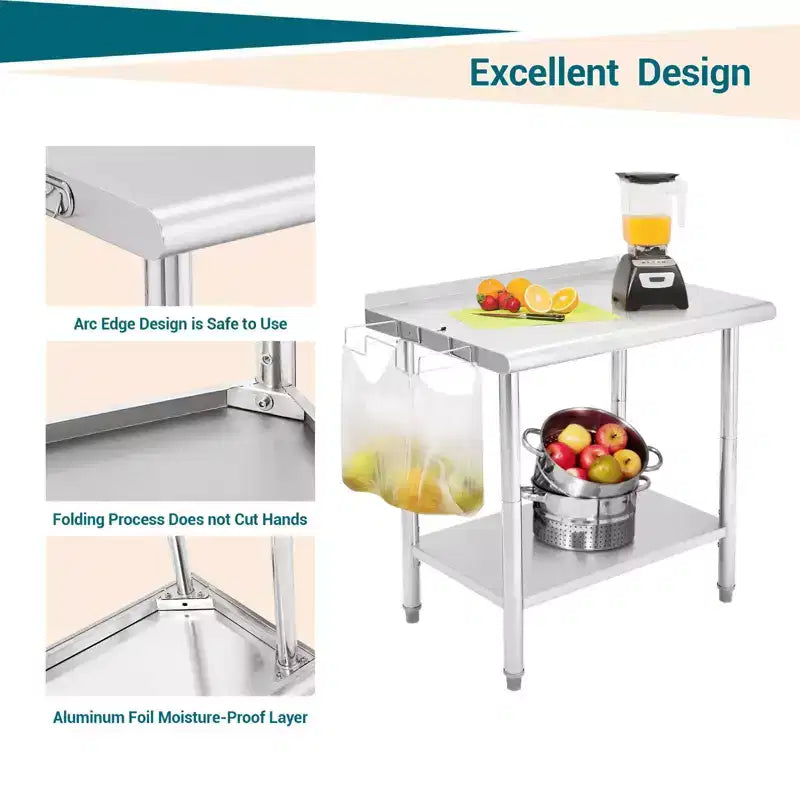 Table en acier inoxydable, table de préparation commerciale en métal robuste avec étagères ouvertes pour cuisines de restaurant, maison, hôtels, préparation des aliments