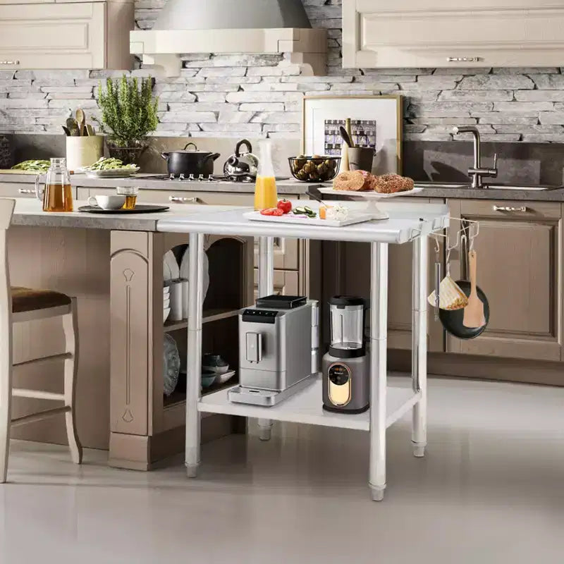 Table en acier inoxydable, table de préparation commerciale en métal robuste avec étagères ouvertes pour cuisines de restaurant, maison, hôtels, préparation des aliments