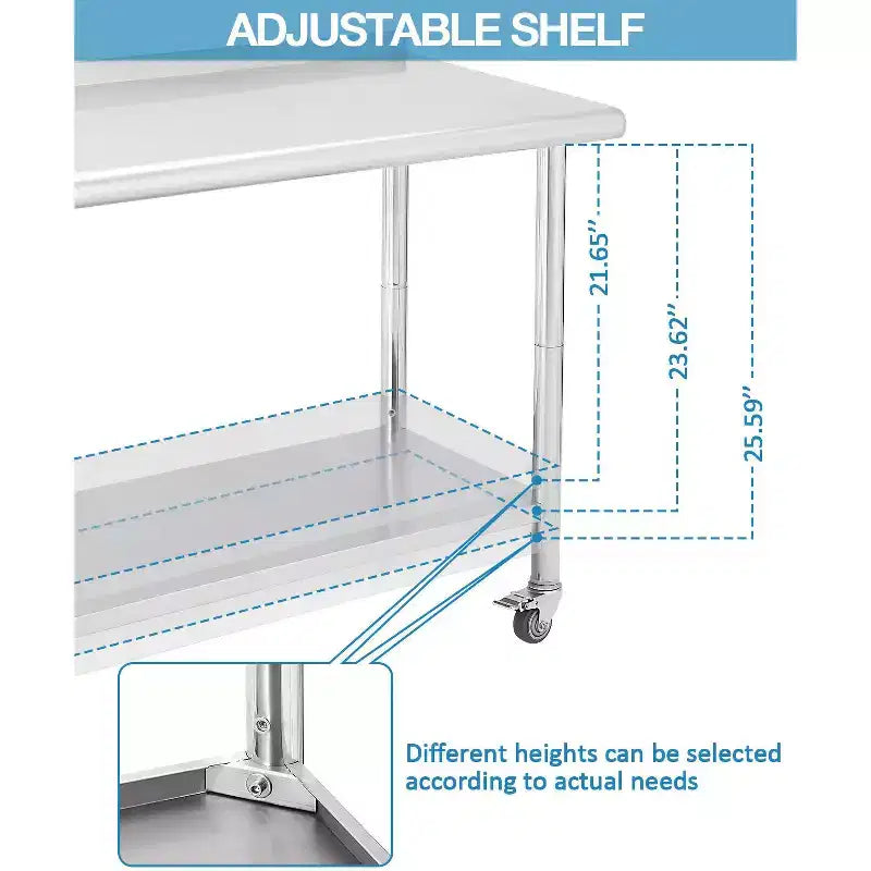 Table en acier inoxydable, table de préparation commerciale en métal robuste avec étagères ouvertes pour cuisines de restaurant, maison, hôtels, préparation des aliments
