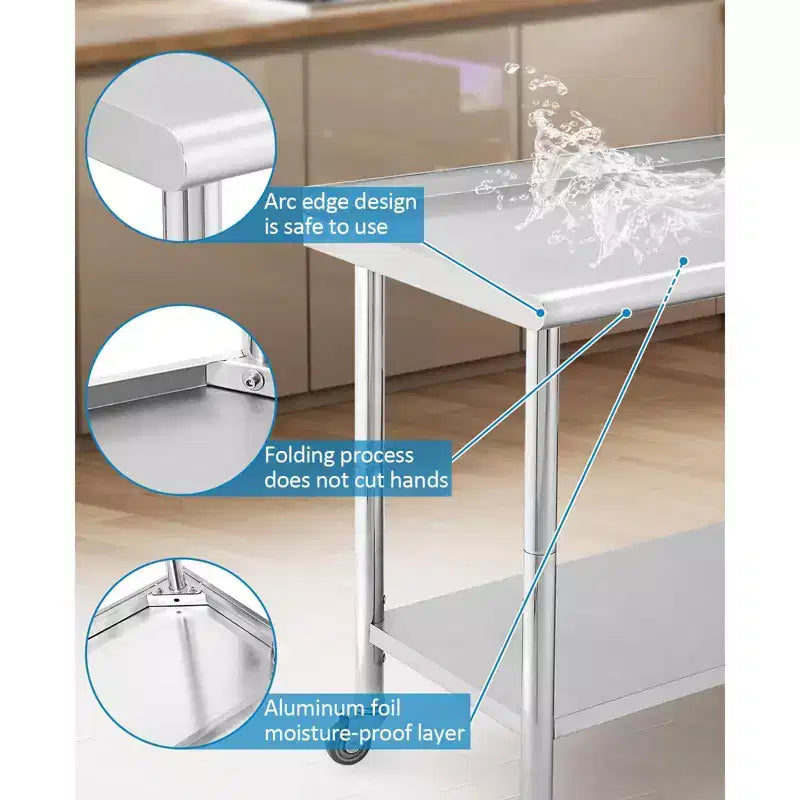 Table en acier inoxydable, table de préparation commerciale en métal robuste avec étagères ouvertes pour cuisines de restaurant, maison, hôtels, préparation des aliments