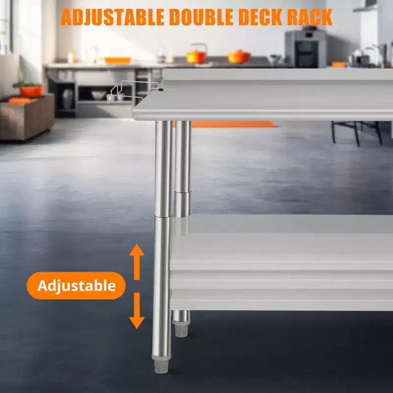 Table en acier inoxydable, table de préparation commerciale en métal robuste avec étagères ouvertes pour cuisines de restaurant, maison, hôtels, préparation des aliments