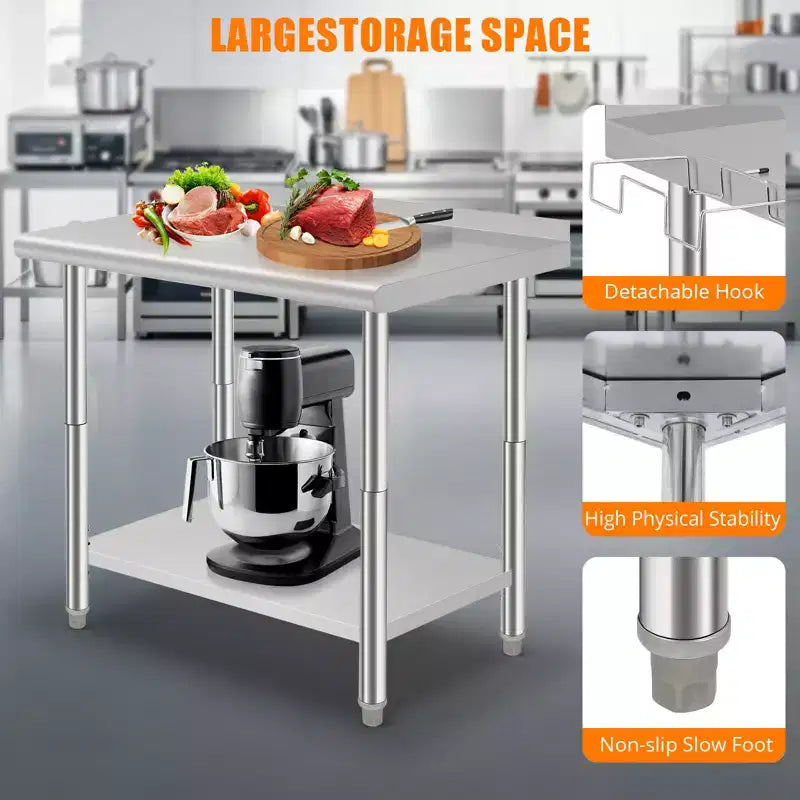 Table en acier inoxydable, table de préparation commerciale en métal robuste avec étagères ouvertes pour cuisines de restaurant, maison, hôtels, préparation des aliments