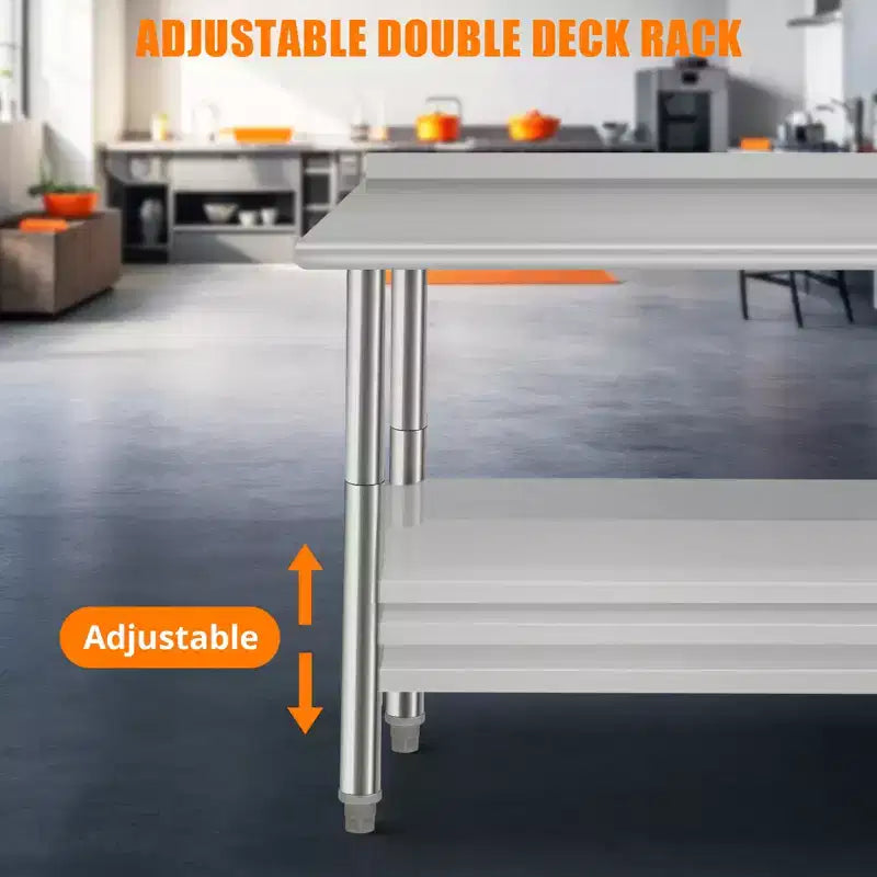 Table en acier inoxydable, table de préparation commerciale en métal robuste avec étagères ouvertes pour cuisines de restaurant, maison, hôtels, préparation des aliments