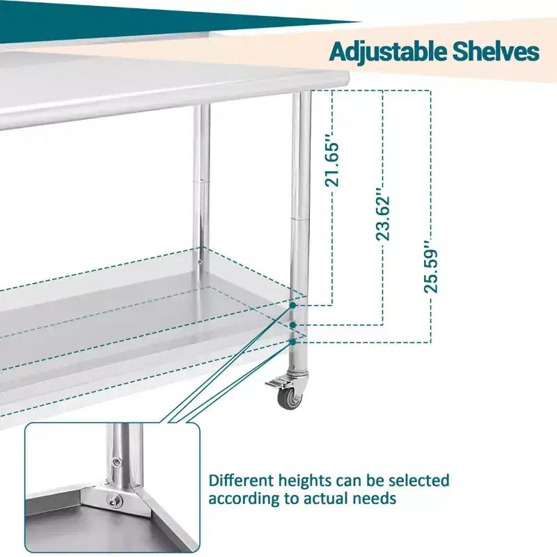 Table en acier inoxydable, table de préparation commerciale en métal robuste avec étagères ouvertes pour cuisines de restaurant, maison, hôtels, préparation des aliments