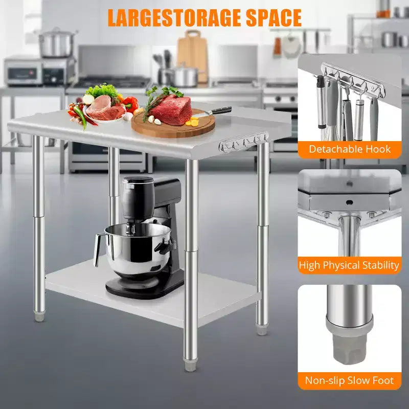 Table en acier inoxydable, table de préparation commerciale en métal robuste avec étagères ouvertes pour cuisines de restaurant, maison, hôtels, préparation des aliments